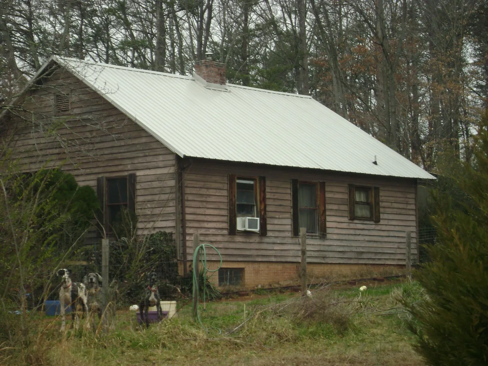 White metal roof on an old wood sided farmhouse, from a Asphalt Shingle Roof Repair job in Shelbyville